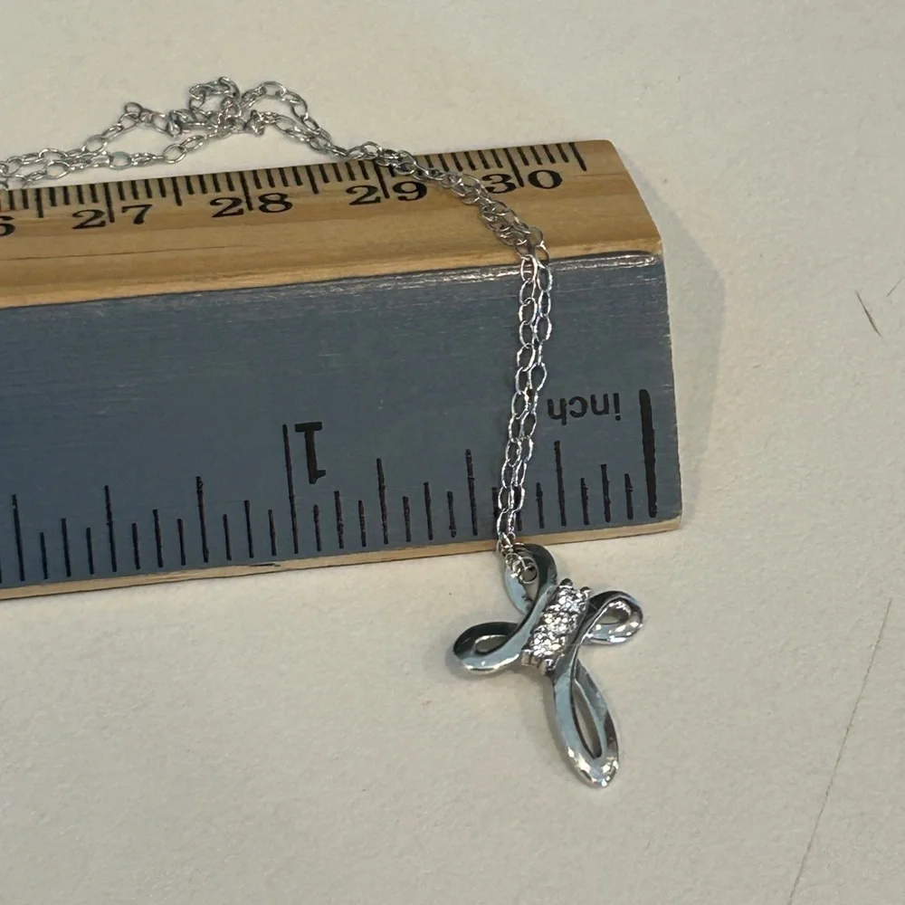 Sterling Silver Cross Necklace Ribbon Pendant with Crystals Stamped 925 CZ - Picture 13 of 13